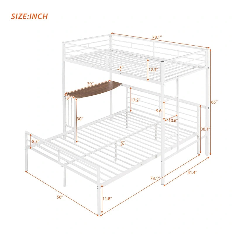 Lit superposé en métal une place et demie avec bureau, échelle et lattes de qualité pour chambre à coucher, blanc métallique