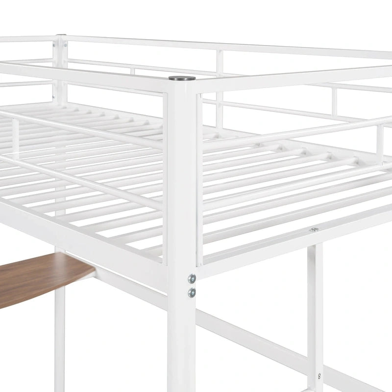Lit superposé en métal une place et demie avec bureau, échelle et lattes de qualité pour chambre à coucher, blanc métallique