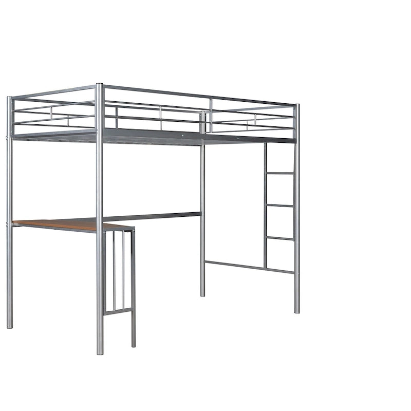 Lit superposé en métal une place et demie avec bureau, échelle et lattes de qualité pour chambre à coucher, blanc métallique