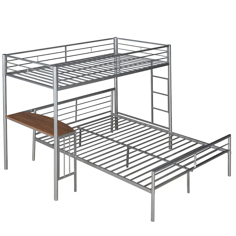 Lit superposé en métal une place et demie avec bureau, échelle et lattes de qualité pour chambre à coucher, blanc métallique