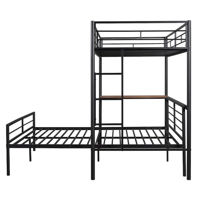Lit superposé en métal une place et demie avec bureau, échelle et lattes de qualité pour chambre à coucher, blanc métallique