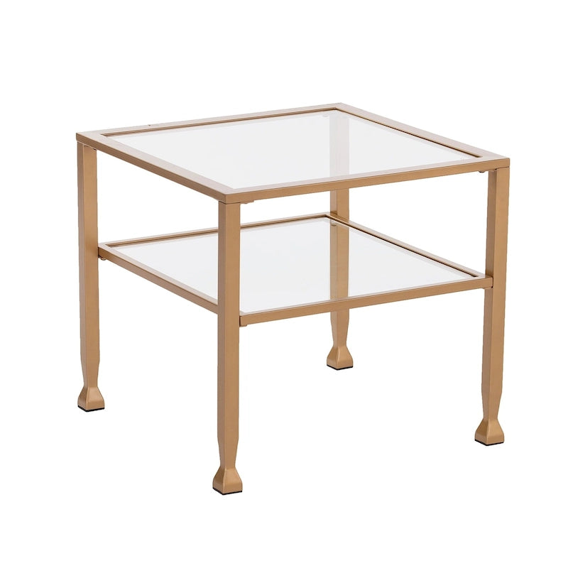 Table basse plateau verre, métal et doré