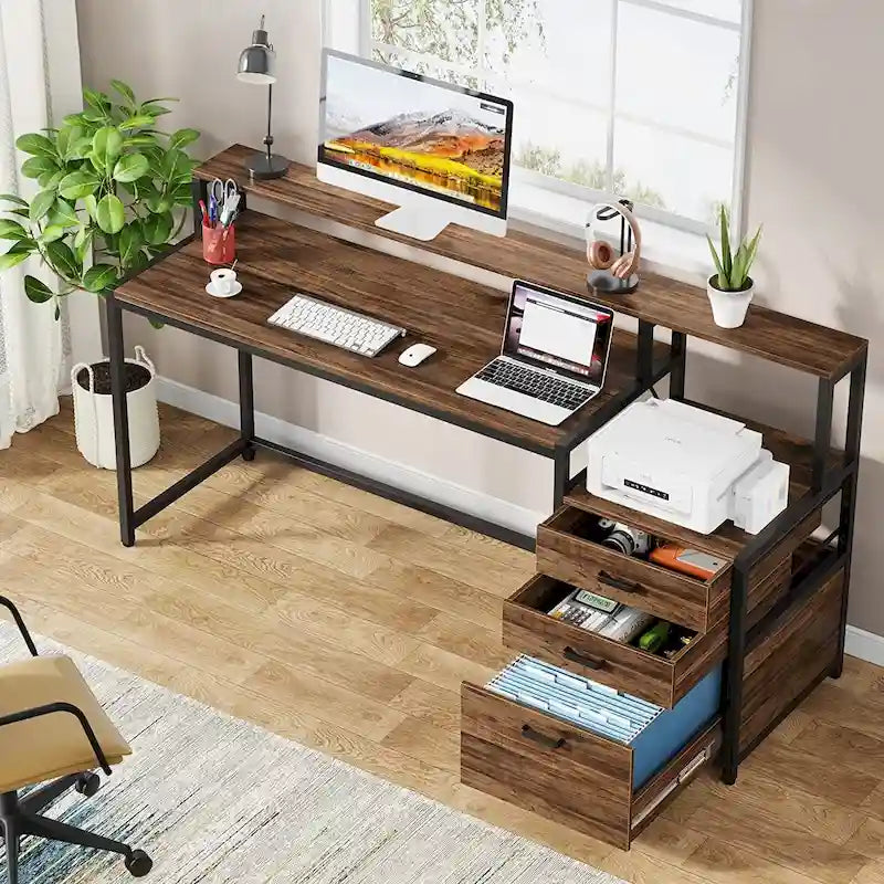 Bureau d'ordinateur de 63 pouces avec support d'écran, bureaux ergonomiques pour la maison avec tiroirs et classeur