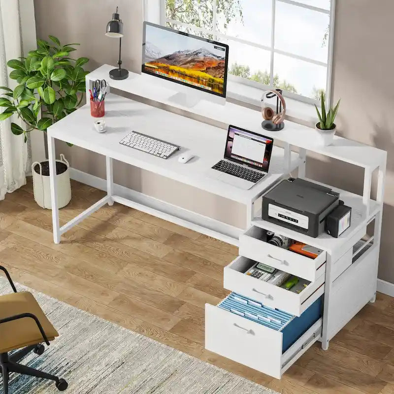 Bureau d'ordinateur de 63 pouces avec support d'écran, bureaux ergonomiques pour la maison avec tiroirs et classeur