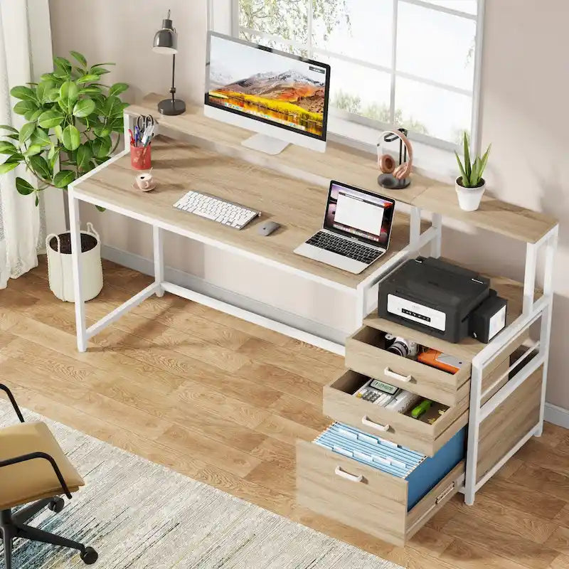 Bureau d'ordinateur de 63 pouces avec support d'écran, bureaux ergonomiques pour la maison avec tiroirs et classeur