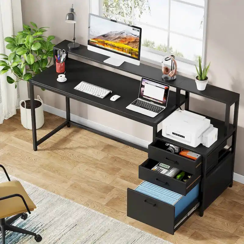 Bureau d'ordinateur de 63 pouces avec support d'écran, bureaux ergonomiques pour la maison avec tiroirs et classeur
