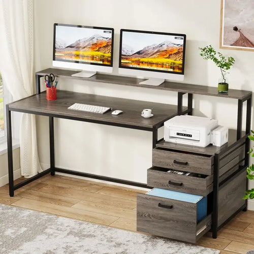 Bureau d'ordinateur de 63 pouces avec support d'écran, bureaux ergonomiques pour la maison avec tiroirs et classeur