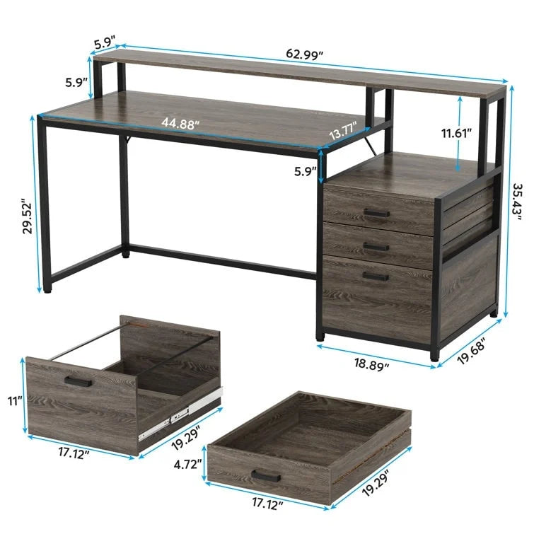 Bureau d'ordinateur de 63 pouces avec support d'écran, bureaux ergonomiques pour la maison avec tiroirs et classeur
