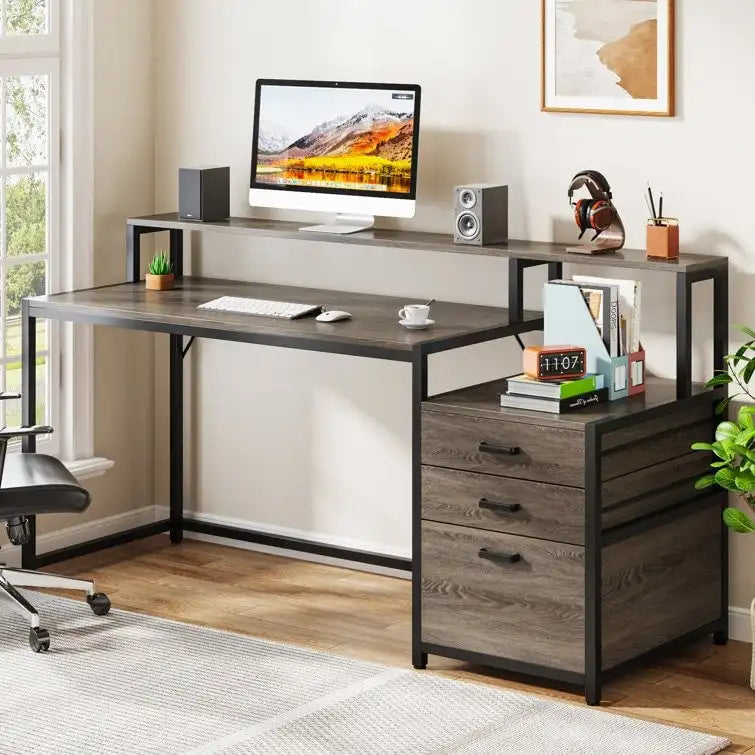 Bureau d'ordinateur de 63 pouces avec support d'écran, bureaux ergonomiques pour la maison avec tiroirs et classeur