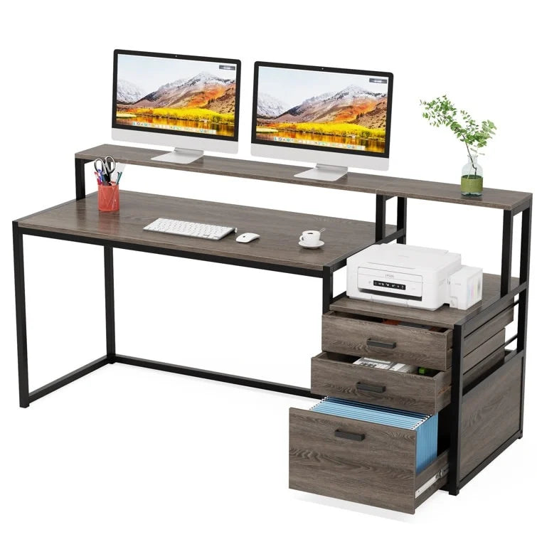 Bureau d'ordinateur de 63 pouces avec support d'écran, bureaux ergonomiques pour la maison avec tiroirs et classeur