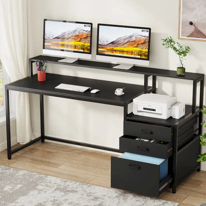 Bureau d'ordinateur de 63 pouces avec support d'écran, bureaux ergonomiques pour la maison avec tiroirs et classeur