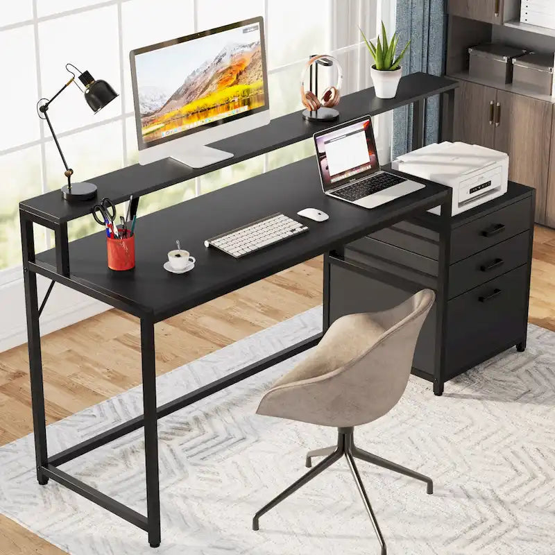 Bureau d'ordinateur de 63 pouces avec support d'écran, bureaux ergonomiques pour la maison avec tiroirs et classeur