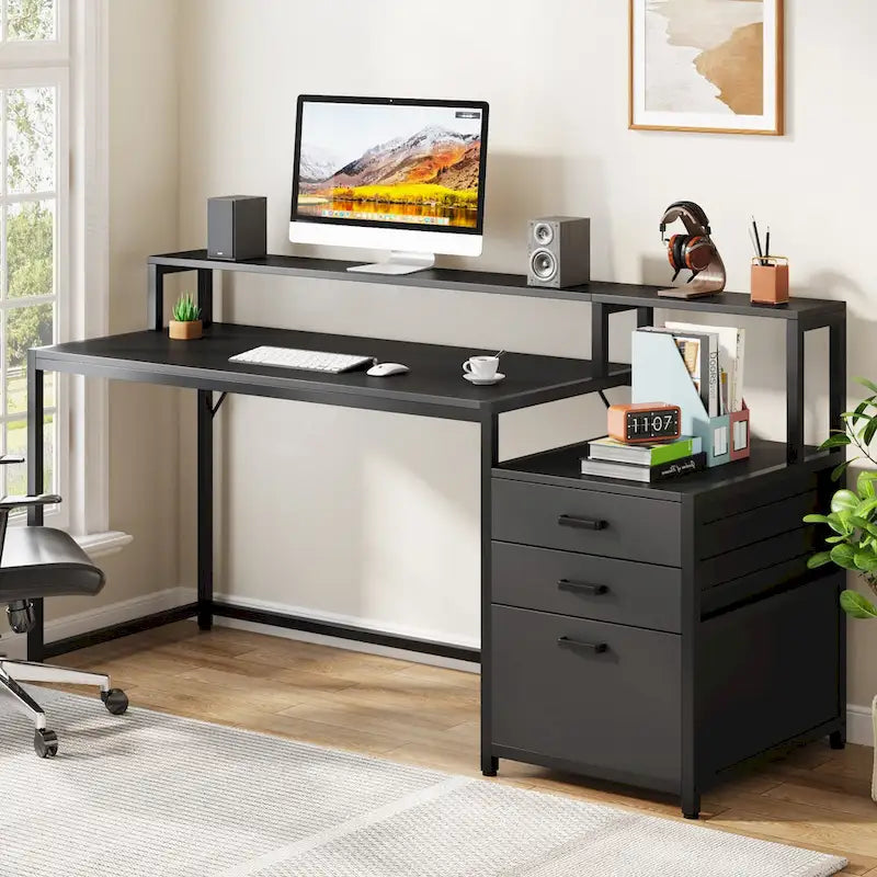 Bureau d'ordinateur de 63 pouces avec support d'écran, bureaux ergonomiques pour la maison avec tiroirs et classeur