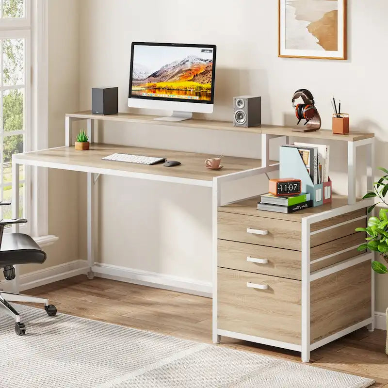 Bureau d'ordinateur de 63 pouces avec support d'écran, bureaux ergonomiques pour la maison avec tiroirs et classeur