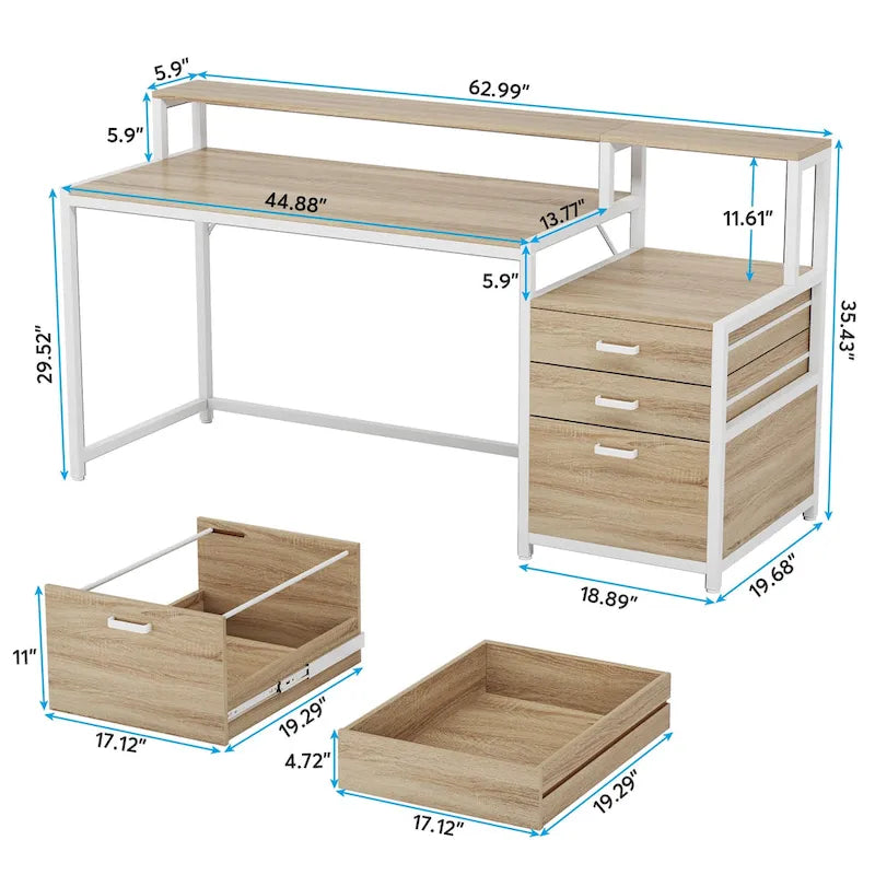 Bureau d'ordinateur de 63 pouces avec support d'écran, bureaux ergonomiques pour la maison avec tiroirs et classeur