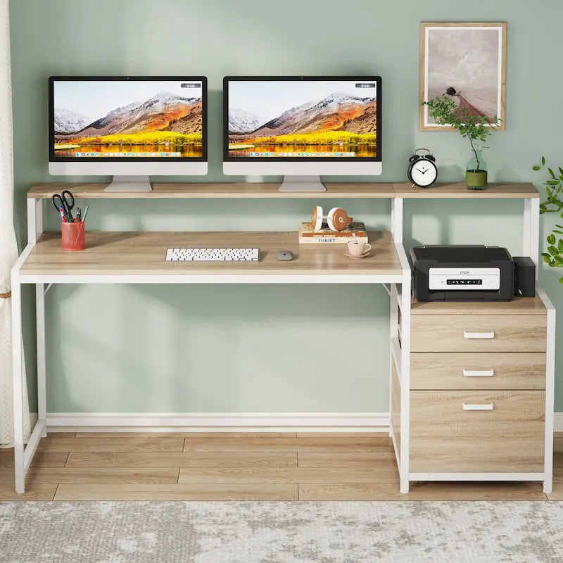 Bureau d'ordinateur de 63 pouces avec support d'écran, bureaux ergonomiques pour la maison avec tiroirs et classeur