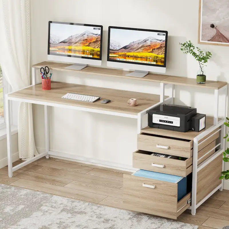 Bureau d'ordinateur de 63 pouces avec support d'écran, bureaux ergonomiques pour la maison avec tiroirs et classeur