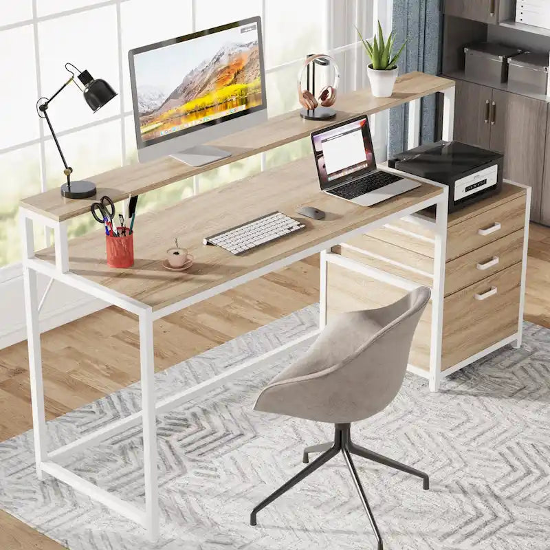 Bureau d'ordinateur de 63 pouces avec support d'écran, bureaux ergonomiques pour la maison avec tiroirs et classeur