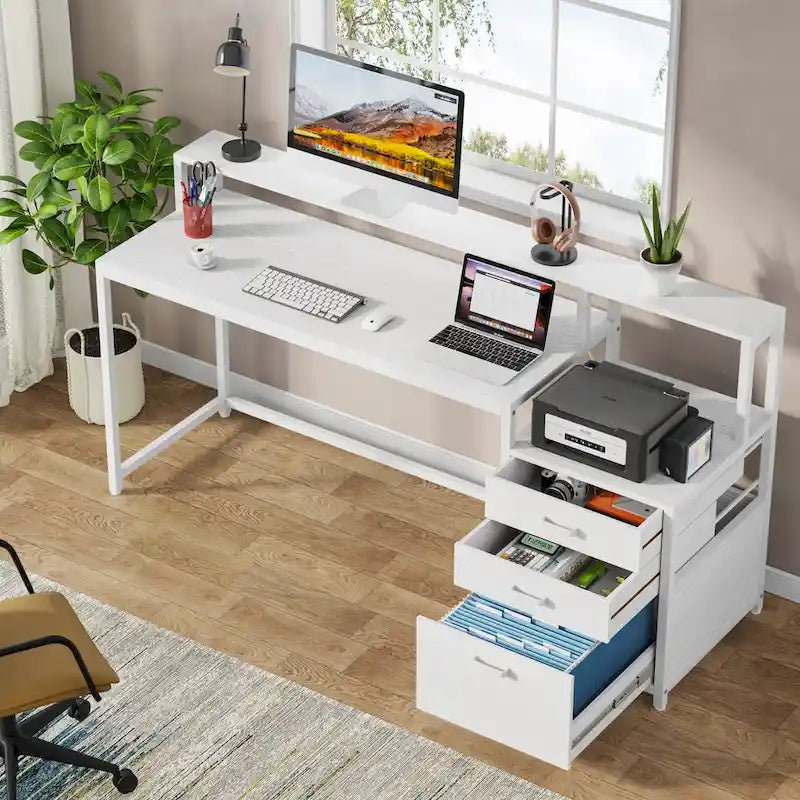 Bureau d'ordinateur de 63 pouces avec support d'écran, bureaux ergonomiques pour la maison avec tiroirs et classeur