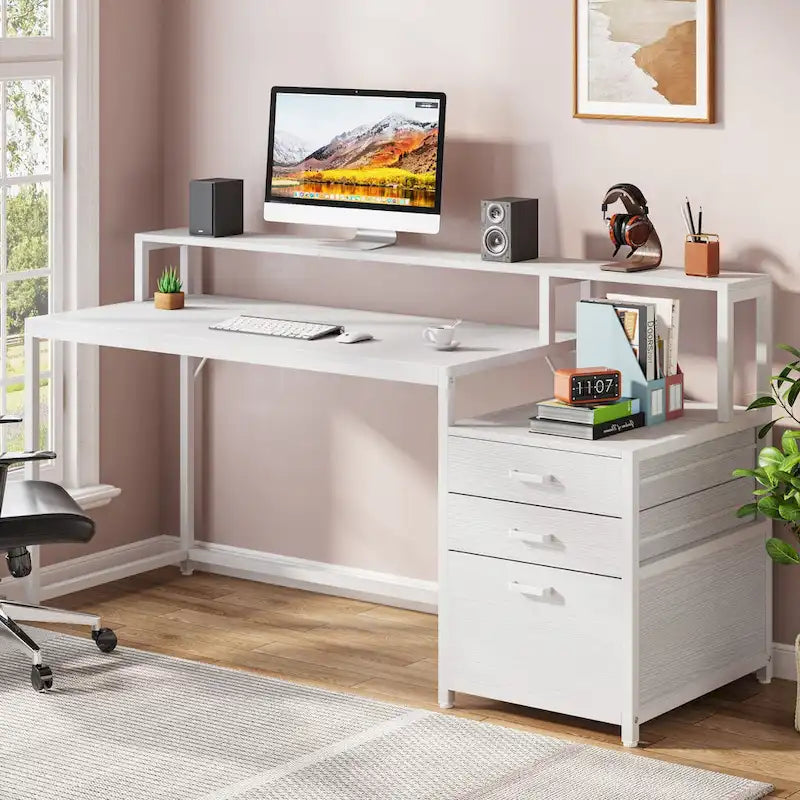 Bureau d'ordinateur de 63 pouces avec support d'écran, bureaux ergonomiques pour la maison avec tiroirs et classeur