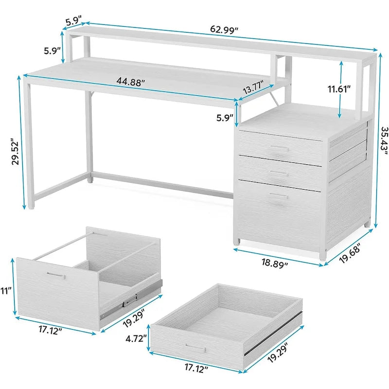 Bureau d'ordinateur de 63 pouces avec support d'écran, bureaux ergonomiques pour la maison avec tiroirs et classeur