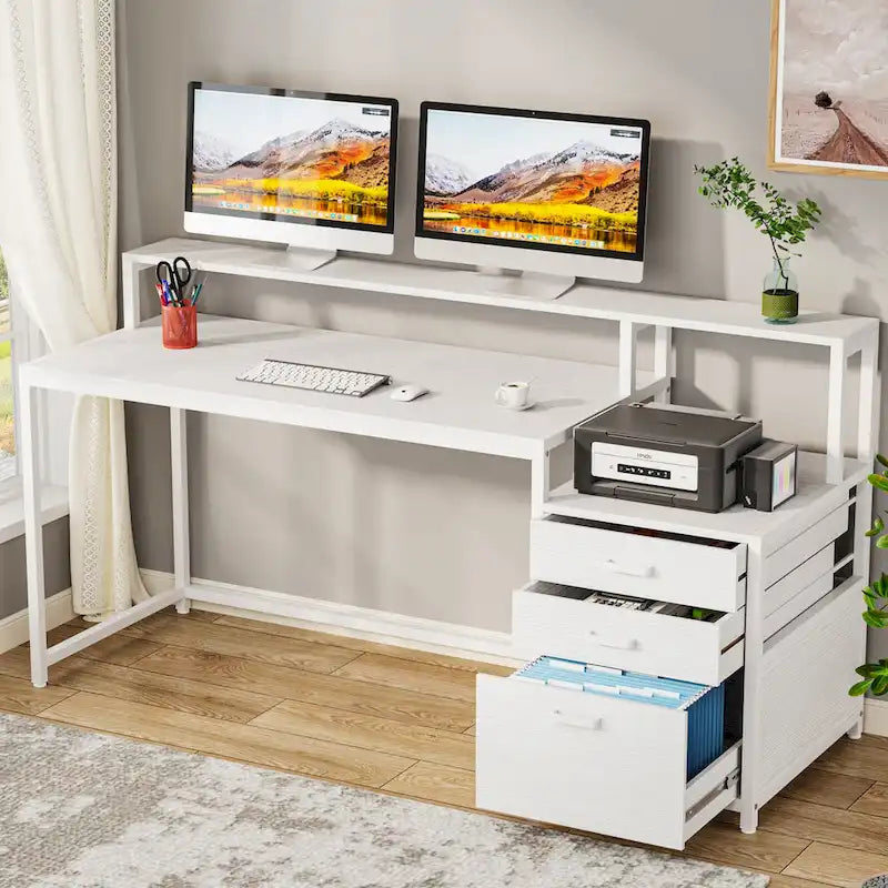 Bureau d'ordinateur de 63 pouces avec support d'écran, bureaux ergonomiques pour la maison avec tiroirs et classeur
