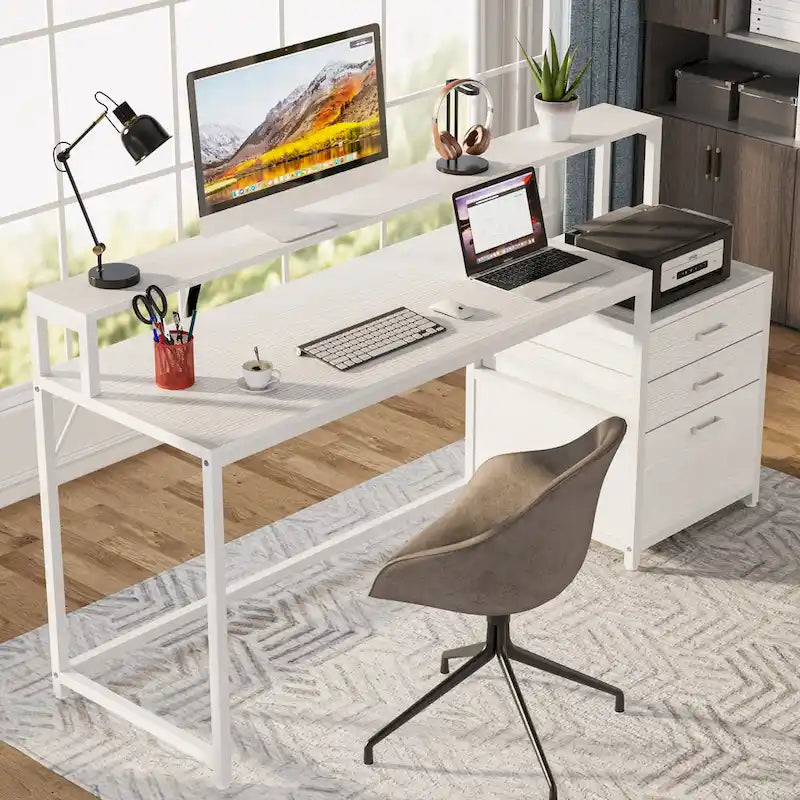 Bureau d'ordinateur de 63 pouces avec support d'écran, bureaux ergonomiques pour la maison avec tiroirs et classeur