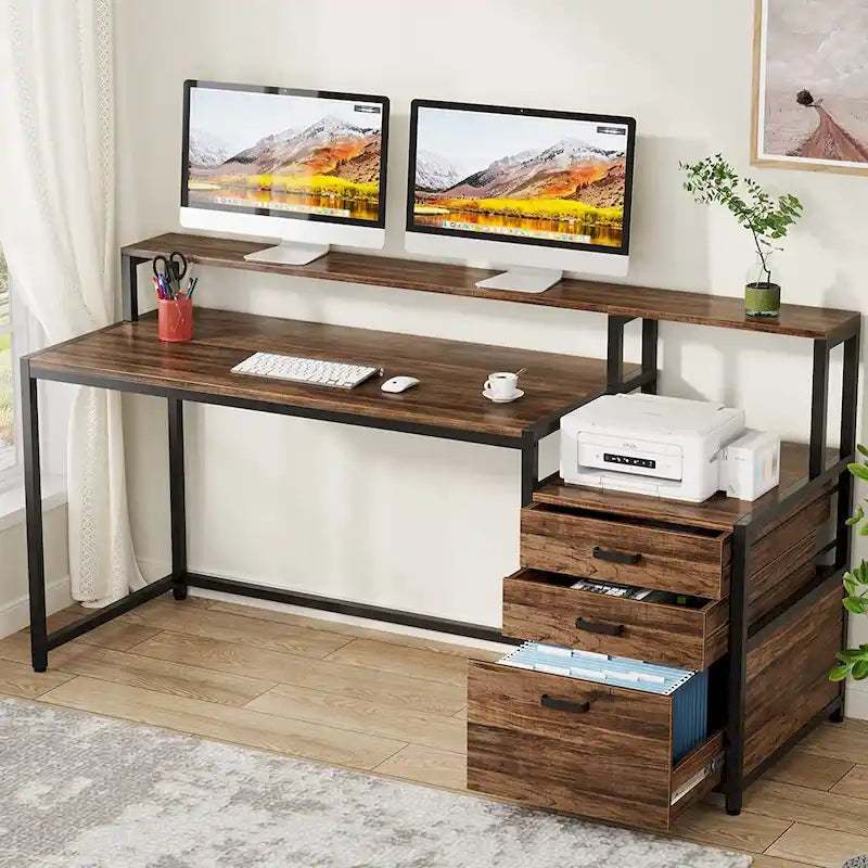 Bureau d'ordinateur de 63 pouces avec support d'écran, bureaux ergonomiques pour la maison avec tiroirs et classeur