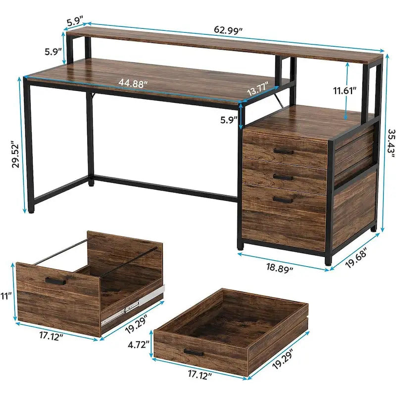 Bureau d'ordinateur de 63 pouces avec support d'écran, bureaux ergonomiques pour la maison avec tiroirs et classeur