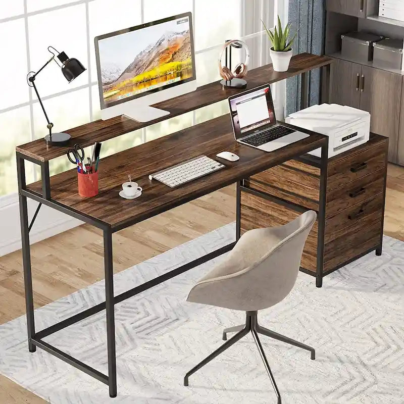 Bureau d'ordinateur de 63 pouces avec support d'écran, bureaux ergonomiques pour la maison avec tiroirs et classeur