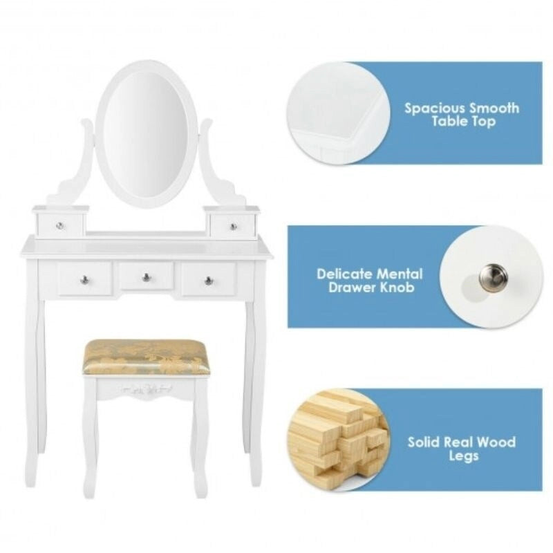 Coiffeuse avec miroir et 5 tiroirs - 80 x 40 x 136 cm (L x l x H)