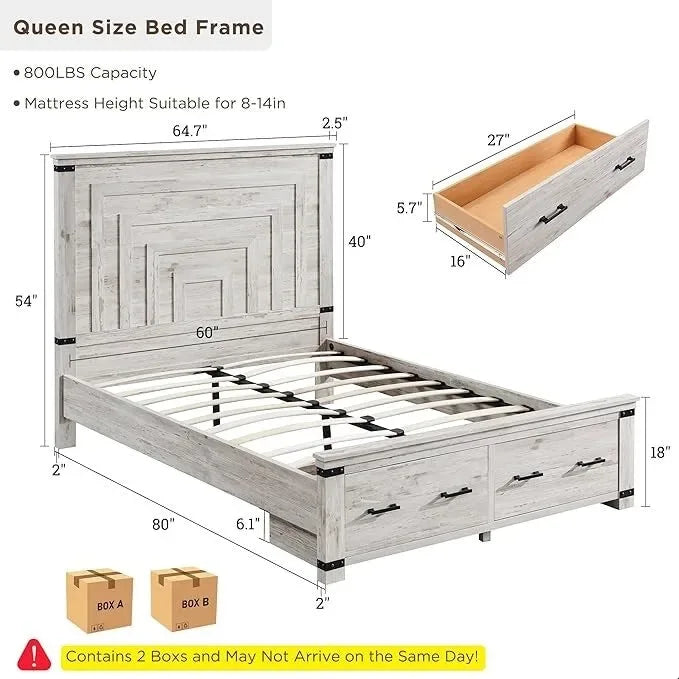 Lit de taille « Farmhouse » avec tête de lit de 54 po et 2 grands tiroirs