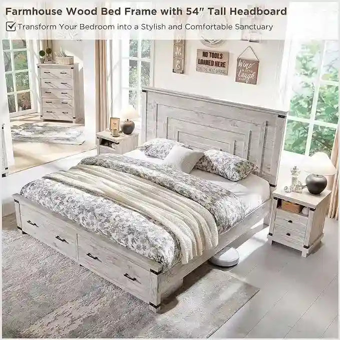 Lit de taille « Farmhouse » avec tête de lit de 54 po et 2 grands tiroirs
