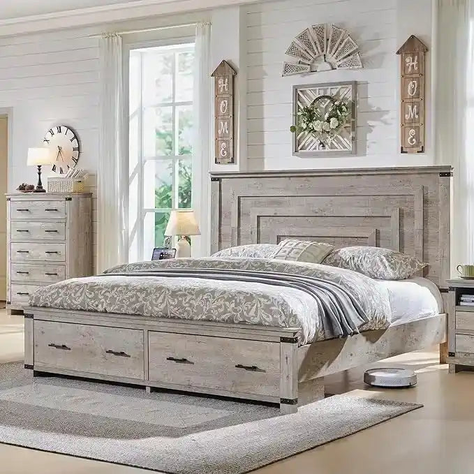 Lit de taille « Farmhouse » avec tête de lit de 54 po et 2 grands tiroirs