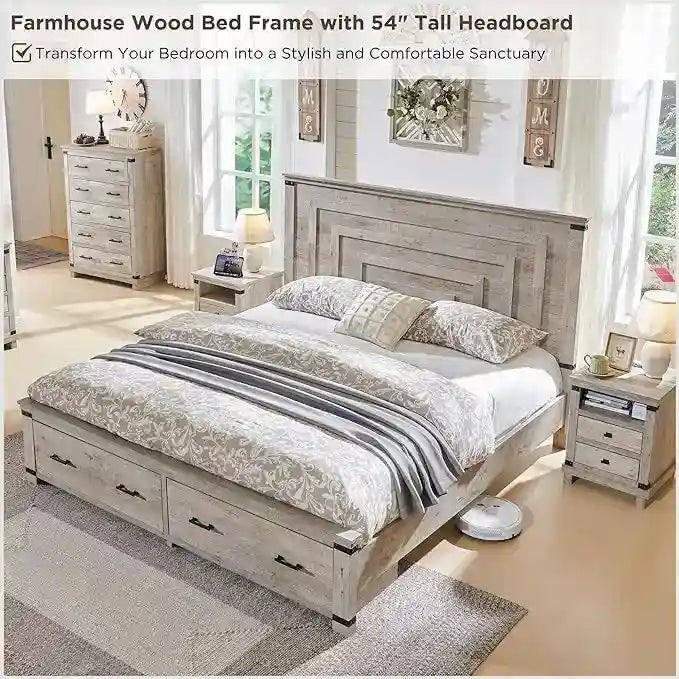 Lit de taille « Farmhouse » avec tête de lit de 54 po et 2 grands tiroirs
