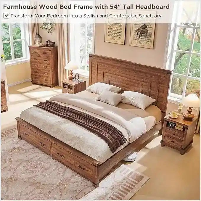 Lit de taille « Farmhouse » avec tête de lit de 54 po et 2 grands tiroirs