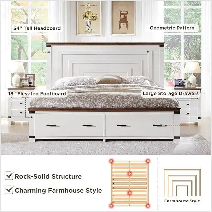 Lit de taille « Farmhouse » avec tête de lit de 54 po et 2 grands tiroirs