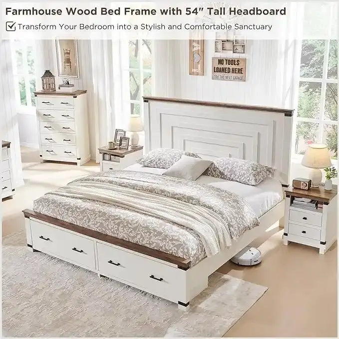 Lit de taille « Farmhouse » avec tête de lit de 54 po et 2 grands tiroirs