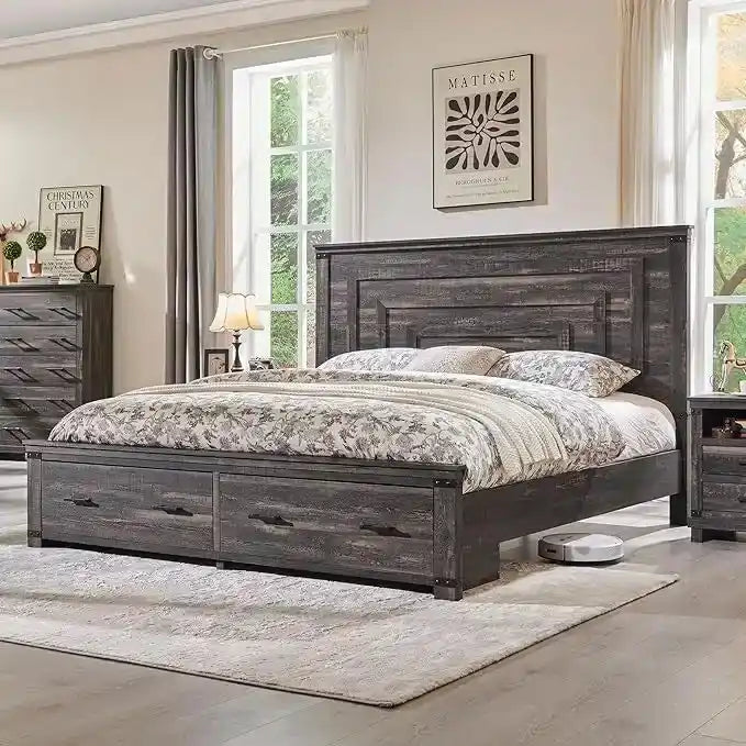 Lit de taille « Farmhouse » avec tête de lit de 54 po et 2 grands tiroirs