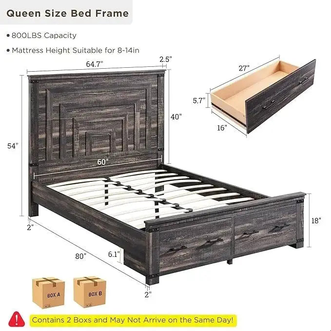 Lit de taille « Farmhouse » avec tête de lit de 54 po et 2 grands tiroirs
