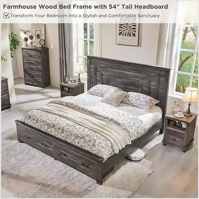 Lit de taille « Farmhouse » avec tête de lit de 54 po et 2 grands tiroirs