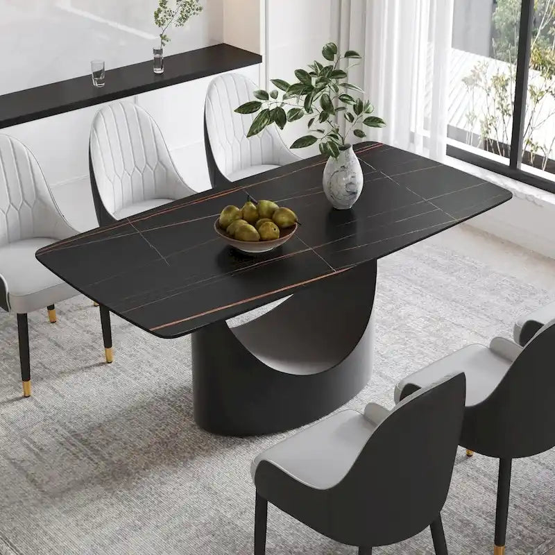 Plateau de table à manger rectangulaire en pierre frittée Marbre Noir 71 pouces avec pied en acier au carbone noir en U unique