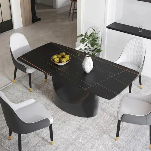 Plateau de table à manger rectangulaire en pierre frittée Marbre Noir 71 pouces avec pied en acier au carbone noir en U unique