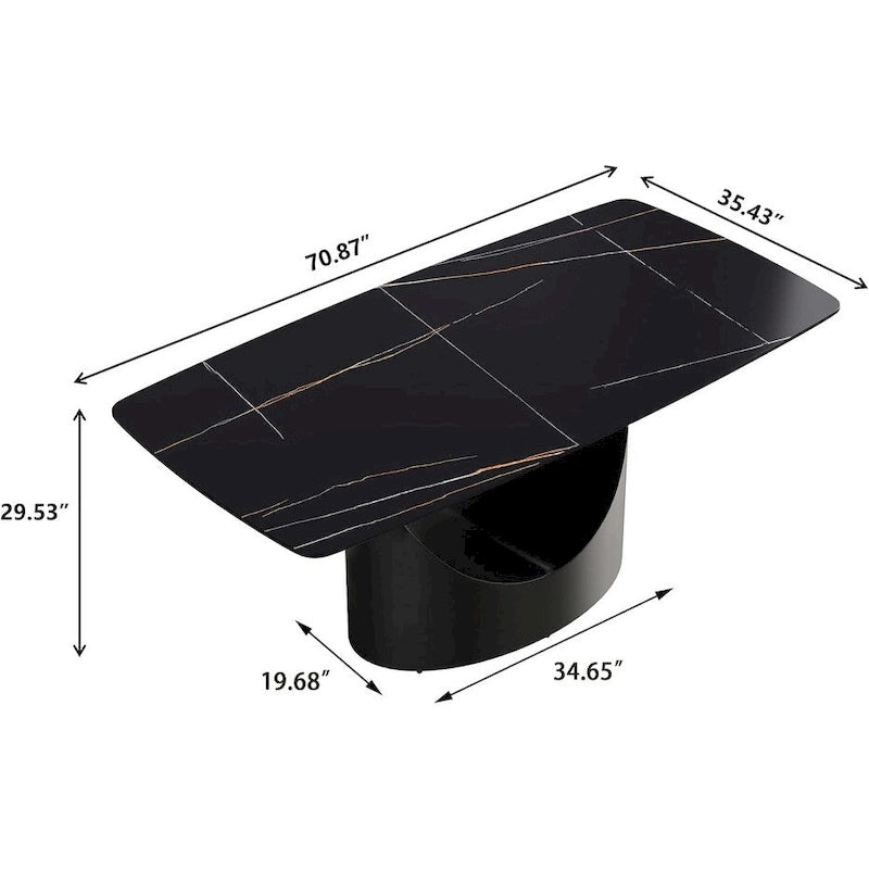 Plateau de table à manger rectangulaire en pierre frittée Marbre Noir 71 pouces avec pied en acier au carbone noir en U unique