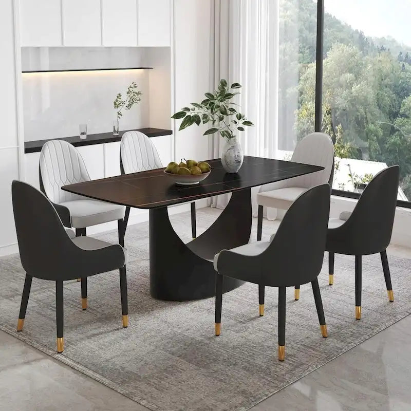 Plateau de table à manger rectangulaire en pierre frittée Marbre Noir 71 pouces avec pied en acier au carbone noir en U unique