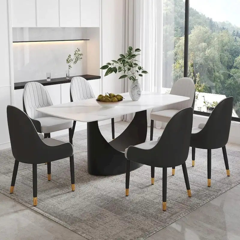 Plateau de table à manger rectangulaire en pierre frittée Marbre Noir 71 pouces avec pied en acier au carbone noir en U unique