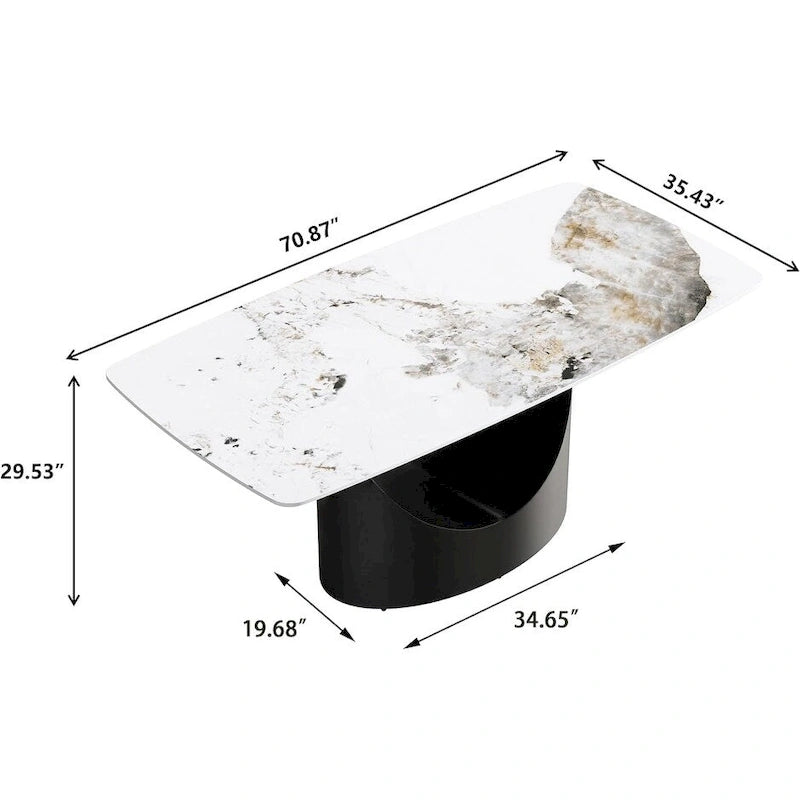 Plateau de table à manger rectangulaire en pierre frittée Marbre Noir 71 pouces avec pied en acier au carbone noir en U unique