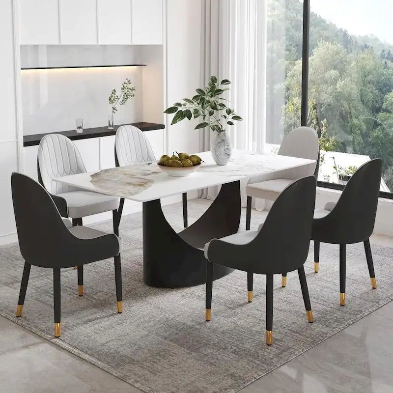 Plateau de table à manger rectangulaire en pierre frittée Marbre Noir 71 pouces avec pied en acier au carbone noir en U unique