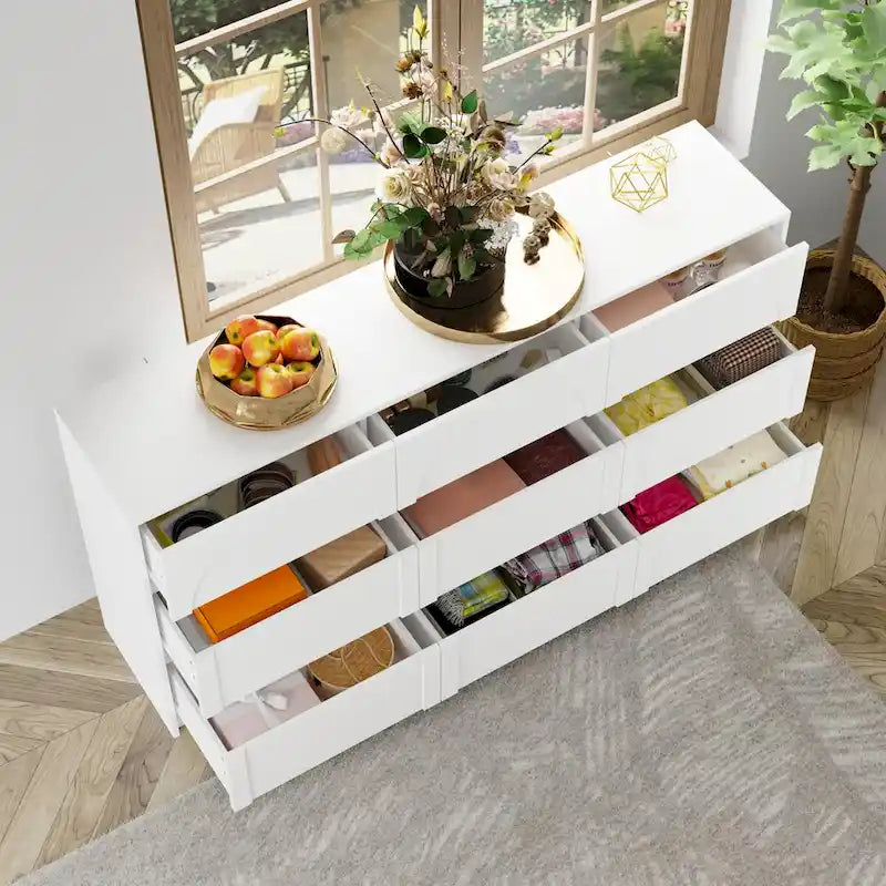 Commode blanche à 9 tiroirs, design élégant et dispositif anti-basculement